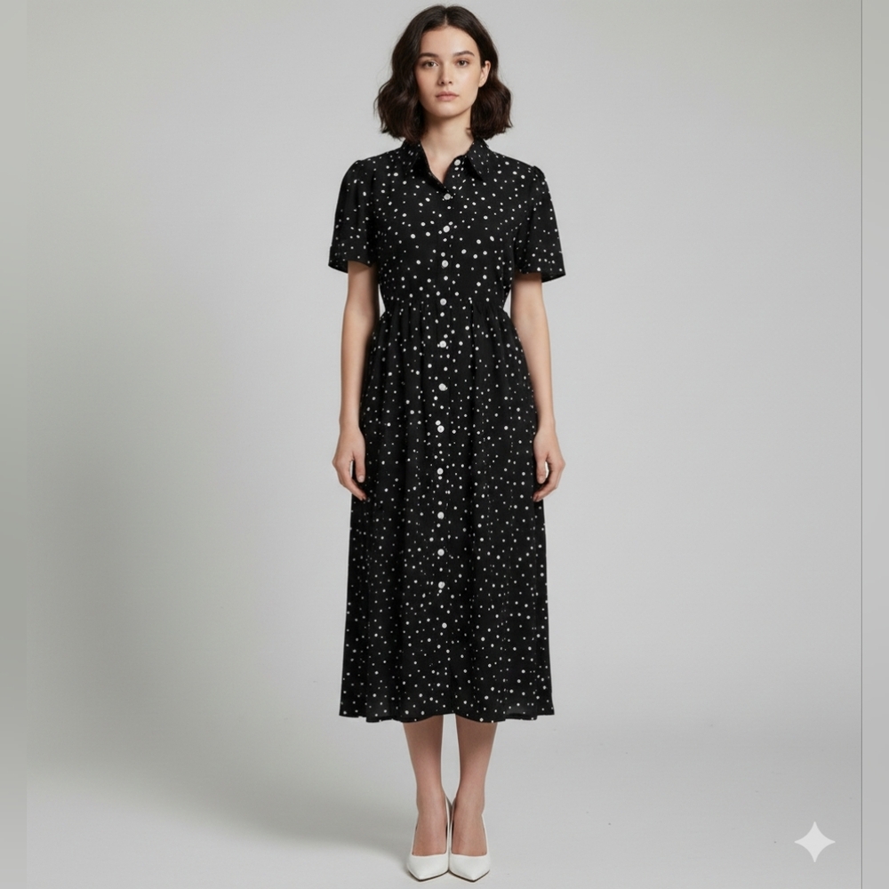 Women's Black Sheer Collared Polka Dot Short Sleeve Midi Dress Size XS EUC 🐈
